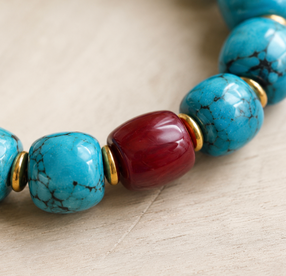 Turquoise & Nanhong Bracelet — 12mm Tibetan Stones & Gold Accent