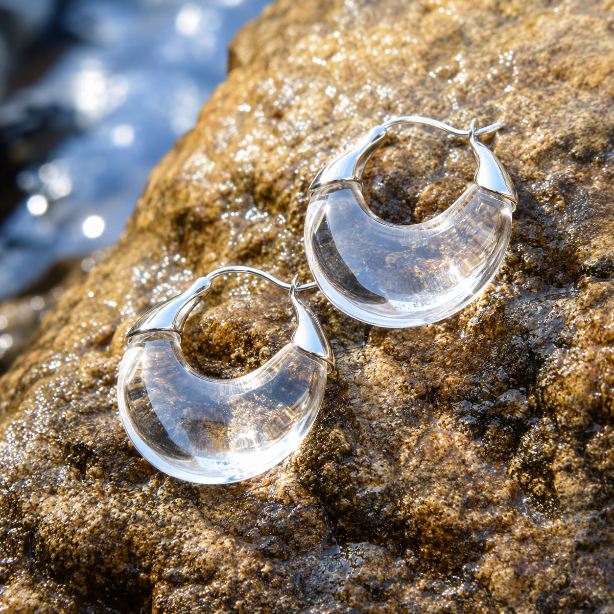 White Crystal Crescent Earrings — Clear Quartz & Sterling Silver