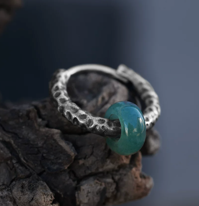 Yuanman Jade Hoop Earrings | Hammered S925 Silver & Natural Jade