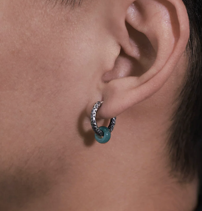 Yuanman Jade Hoop Earrings | Hammered S925 Silver & Natural Jade