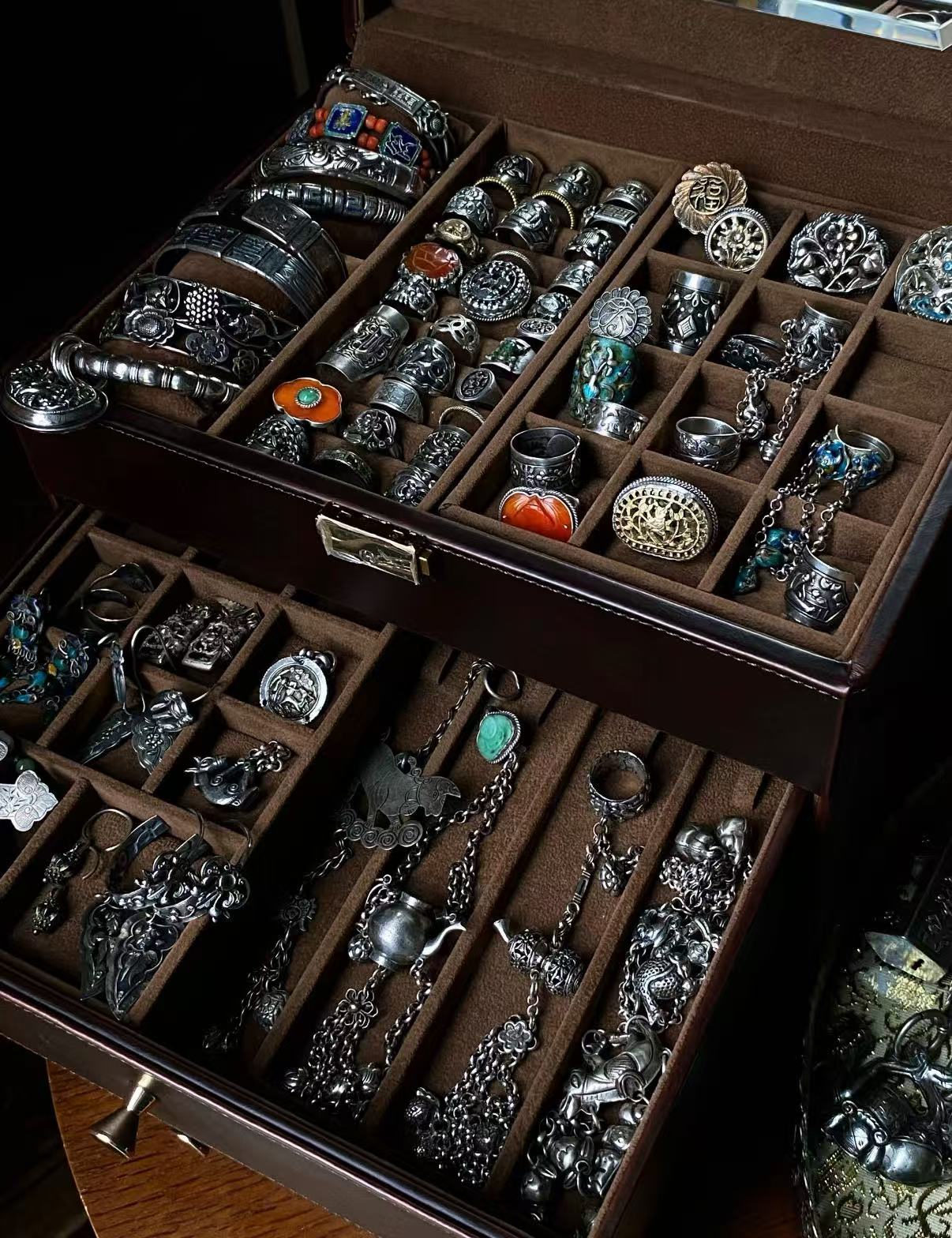 Tibetan silver jewelry collection — rings, bracelets and necklaces