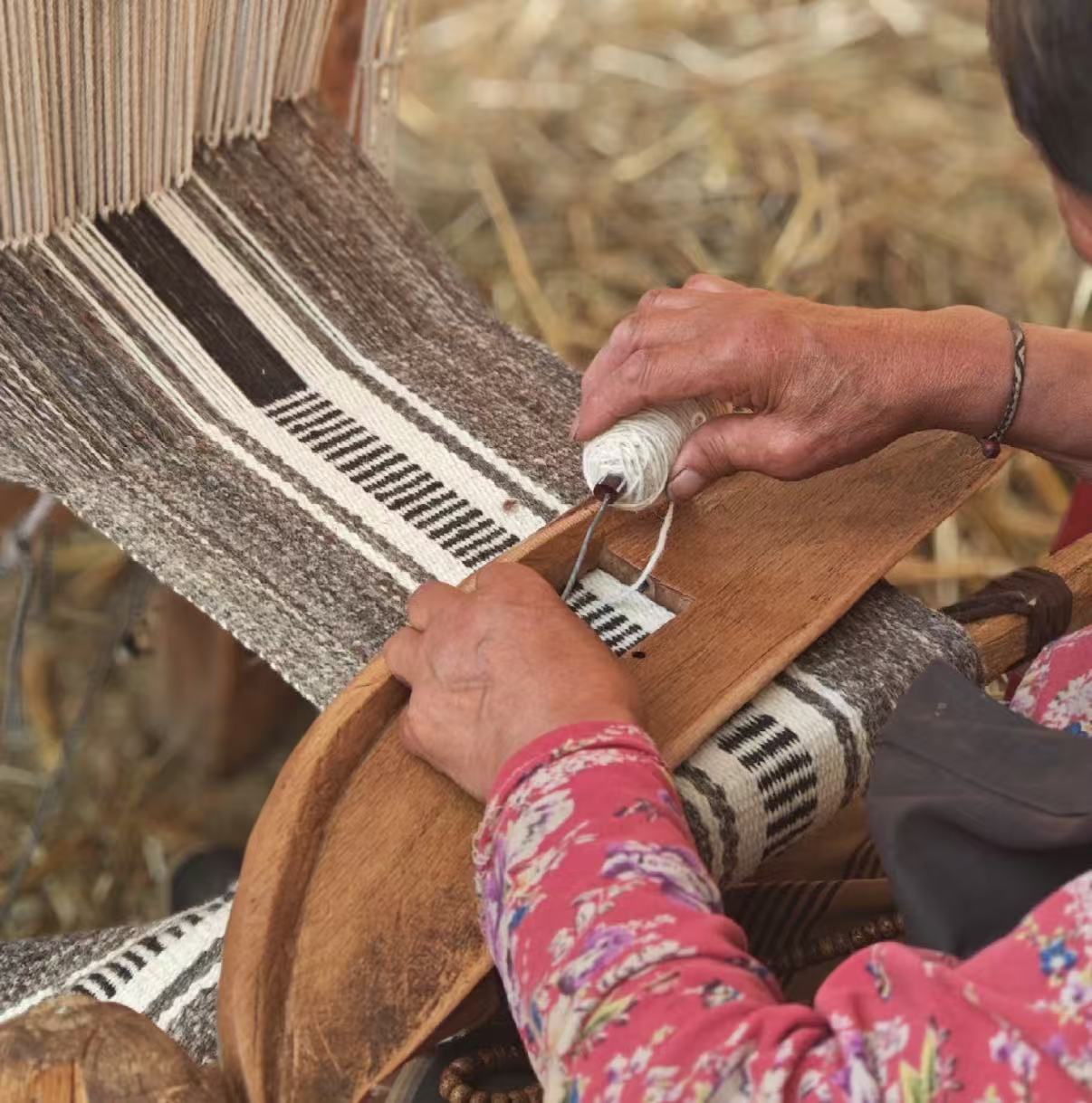 Artisan hands weaving cord on a traditional loom
