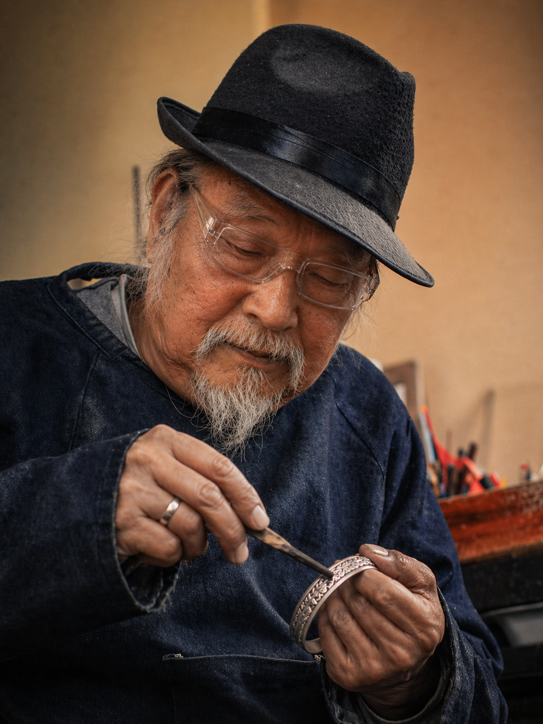 Tsering, Tibetan silversmith from Nagqu, engraving a silver bracelet by hand